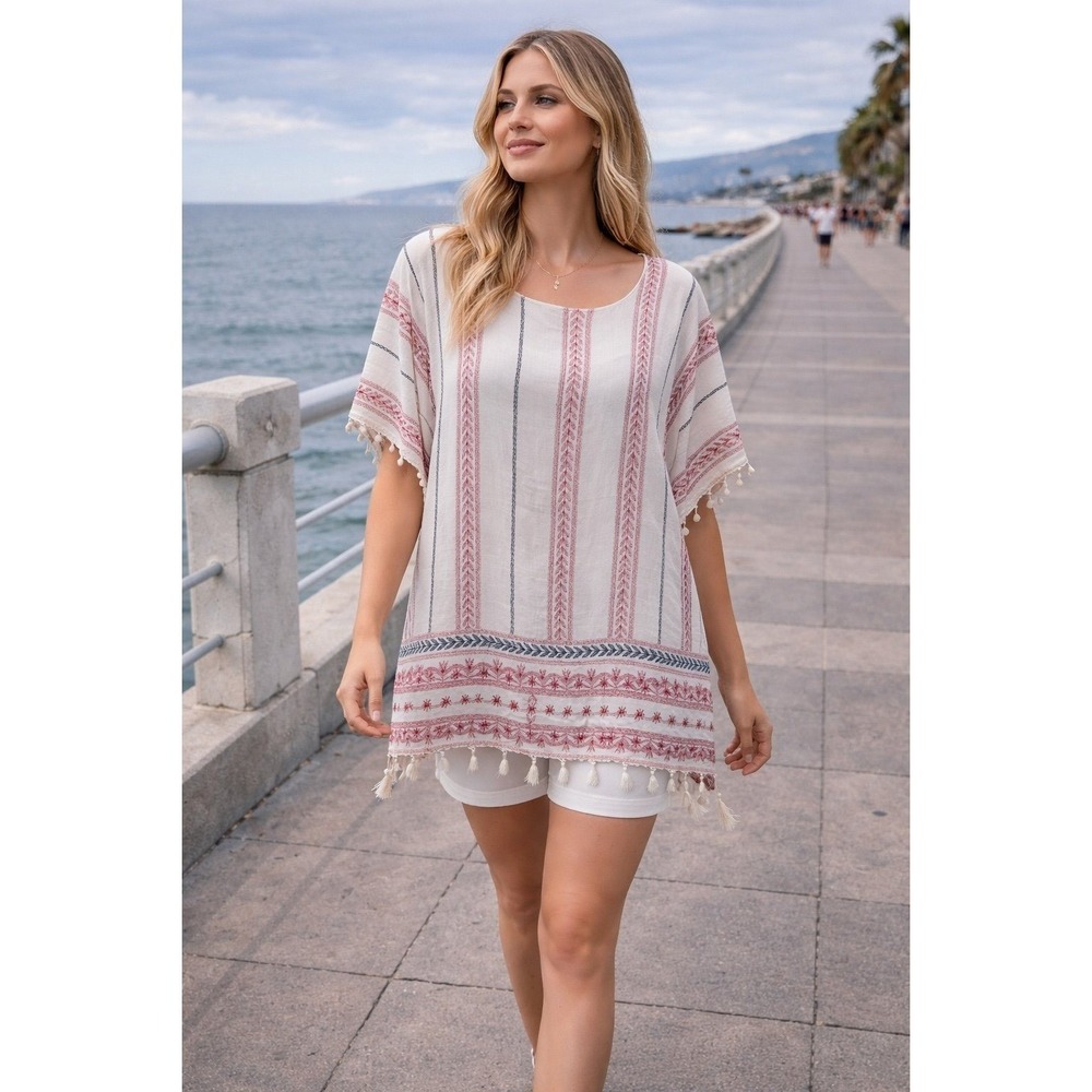 Janice Boho Poncho Top Tassels‎ Striped Cotton Blend One Size